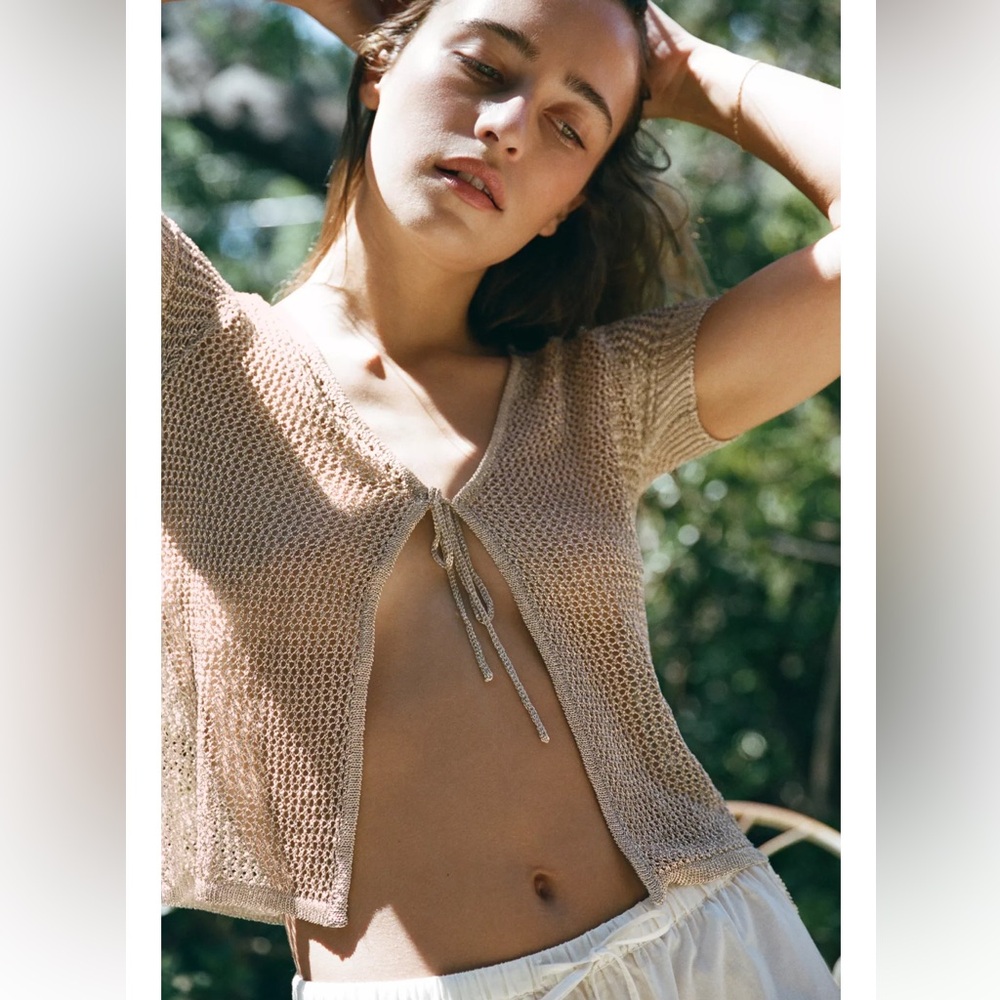ZARA Gold-tone metallic thread mesh tie-front women’s short jacket. M NWT